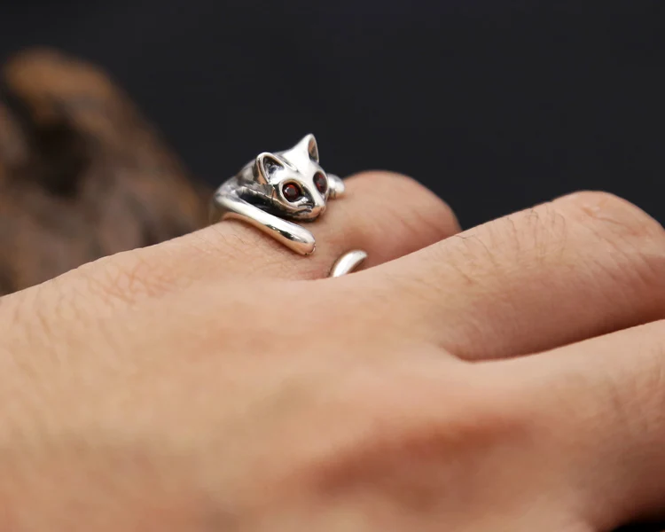 S925 pure silver jewelry cute cat ring for women retro Thai silver tail ring with personalized diamond opening Korean version ri view 4