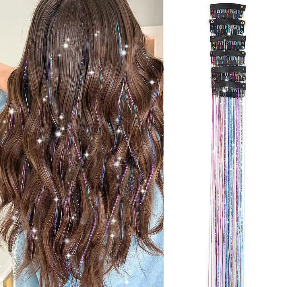 Rainbow Hair Tinsel Pack of 6pcs Clip in Hair Tinsel 22Inch Colorful Glitter Tinsel Hair Extensions Tinsel Fairy Synthetic Hair