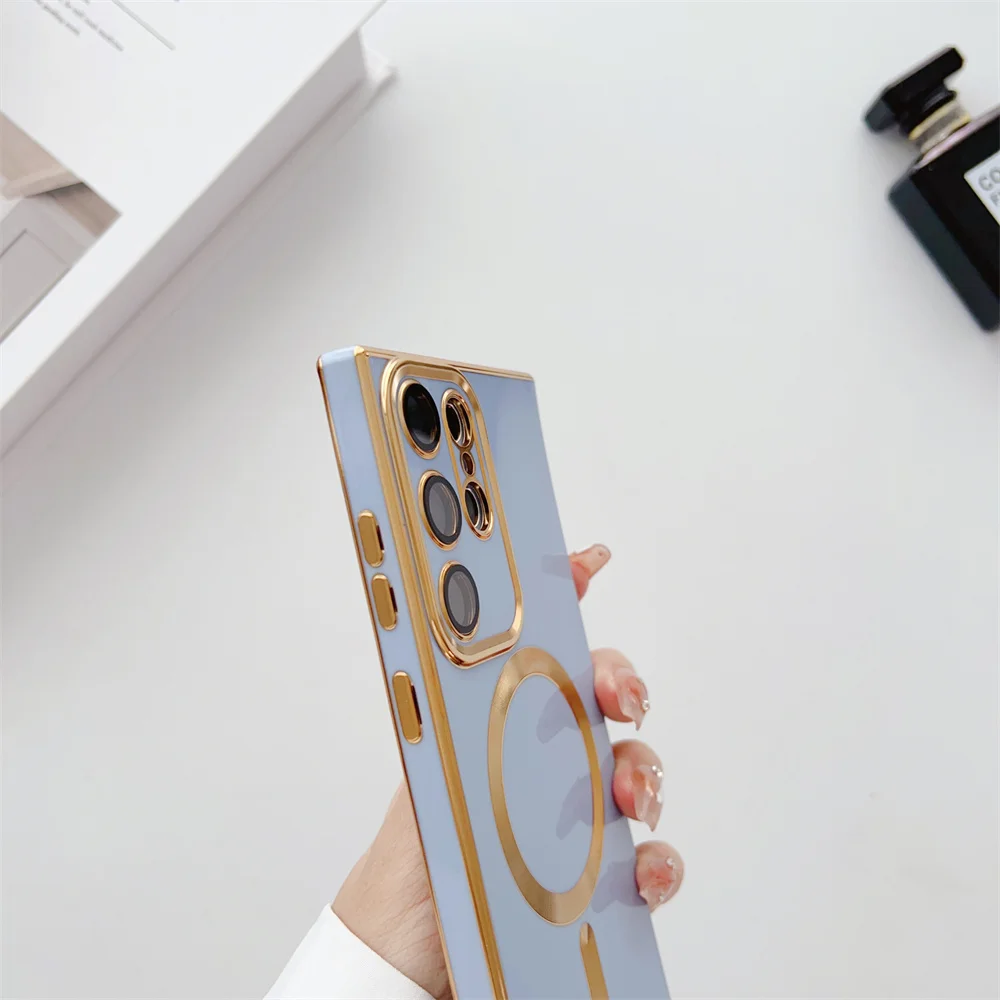 Gold Plating Camera Lens Protection Magnetic Case for Samsung Galaxy S26 Ultra/S25 Solid Color Funda S23 Ultra/S22 Plus/S21