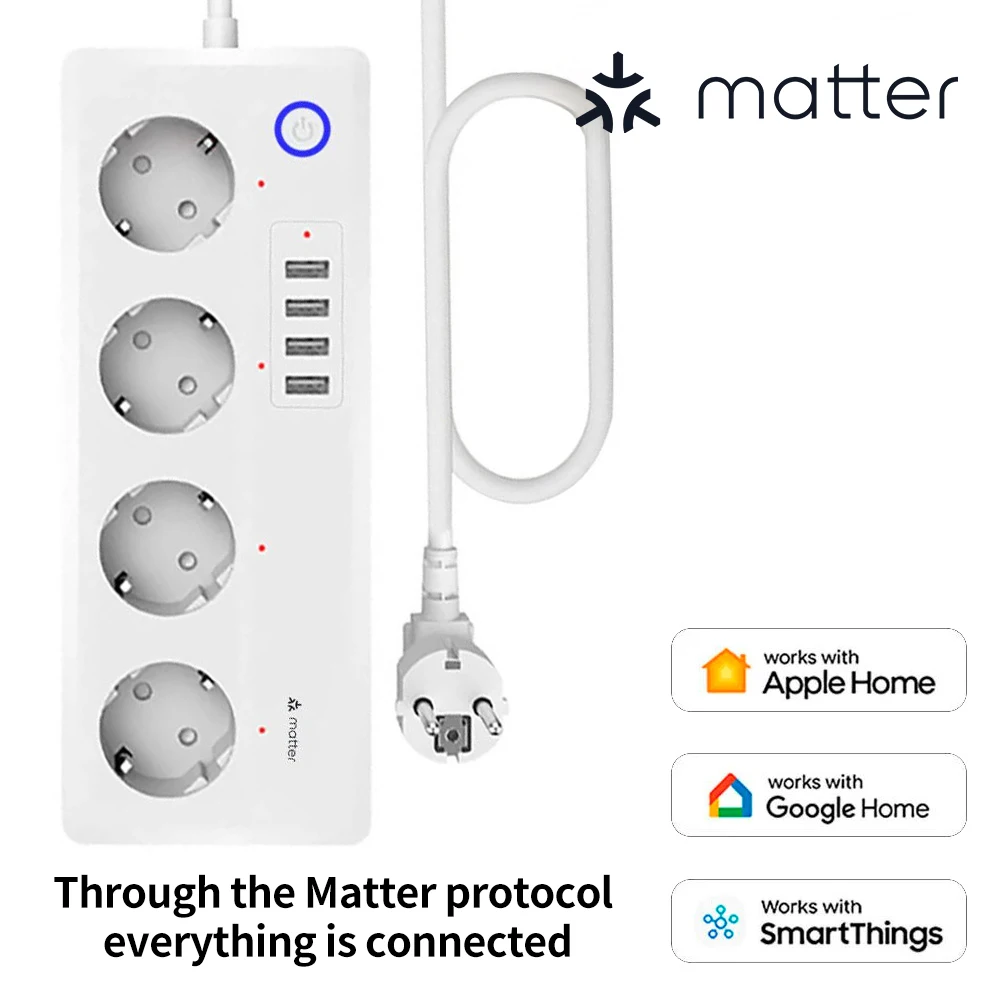 

BORUIDAPLS Matter Smart Power Strip EU Plug Socket With SmartThings Apple HomeKit Siri Google Home Voice Remote Control 220V 16A