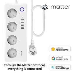 BORUIDAPLS Matter Smart Power Strip EU Plug Socket With SmartThings Apple HomeKit Siri Google Home Voice Remote Control 220V 16A