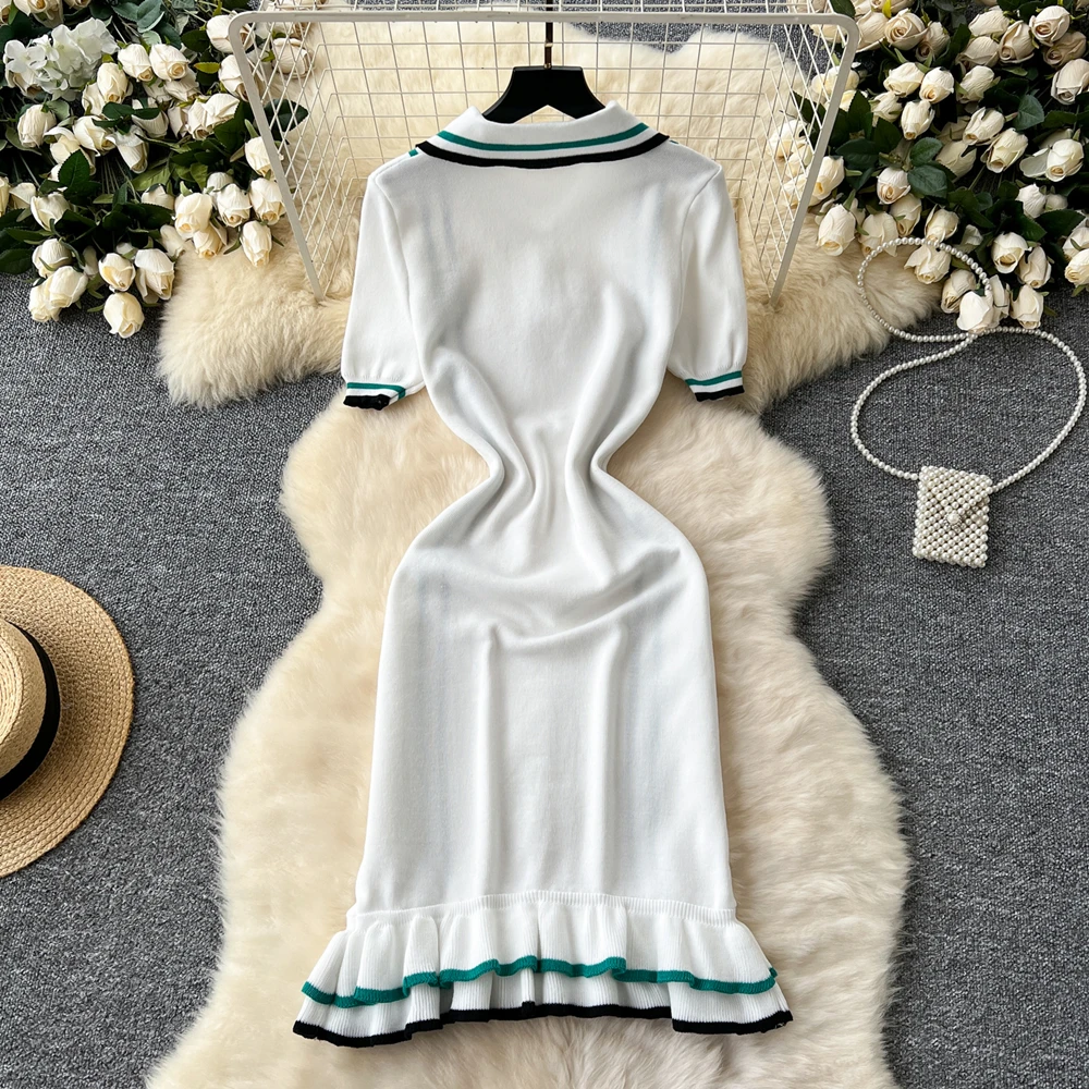 Fall/Winter 2024 New Fragrance Knit Dress French Retro Lapel Contrast Waist Slim Ruffle Sweater Vestidos Largos