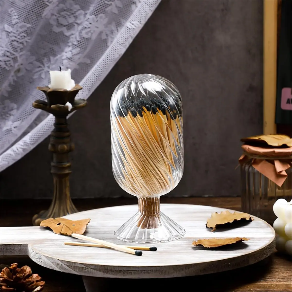 2pcs Helix Shaped Glass Matches Cloche Decorative for 4 Inch Candle Matches Trendy Fireplace Display,Not Include Matches
