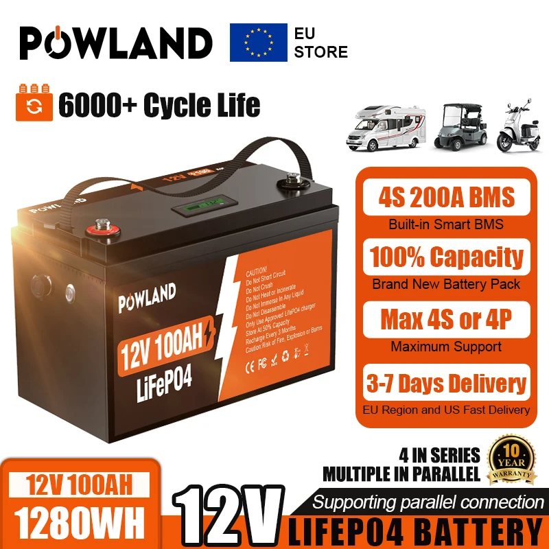 POWLAND 12V 24V LifePO4 Battery 300AH 200AH 100AH BMS Rechargeable lithium Pack Grade A Cell RV Golf Cart Boat Solar Tax Free