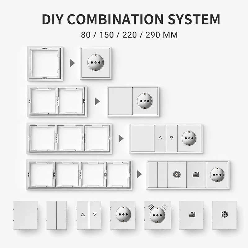 F300 Modular Wall Switch Socket System EU Outlet USB Type C CAT6 TV Roller Shutter Modules and 1-5 Gang White Frames for Home