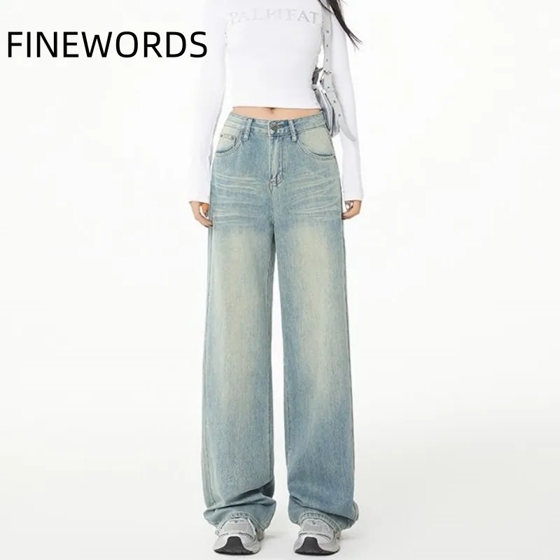 FINEWORDS Hoge taille wijde pijpen jeans Dames Koreaanse baggy jeans Koreaanse streetwear Easymatch Retro gewassen blauwe casual jeans