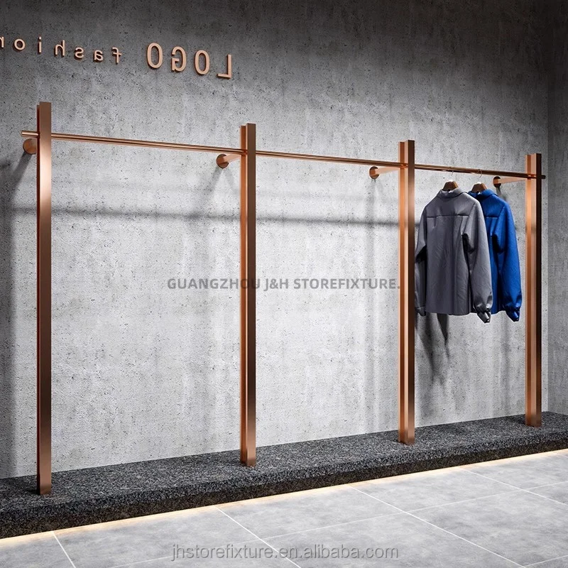 Простой дизайн, настенная стойка для одежды из розового золота с логотипом на заказ для подвешивания одежды в магазине с низким содержанием минимального заказа