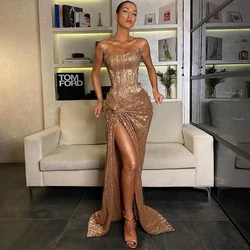 High Slit Strapless Sleeveless Gold Evening Dresses Pleat Sequined Women's Dress Prom Gowns 2024 Spring Robe De Soirée Femme