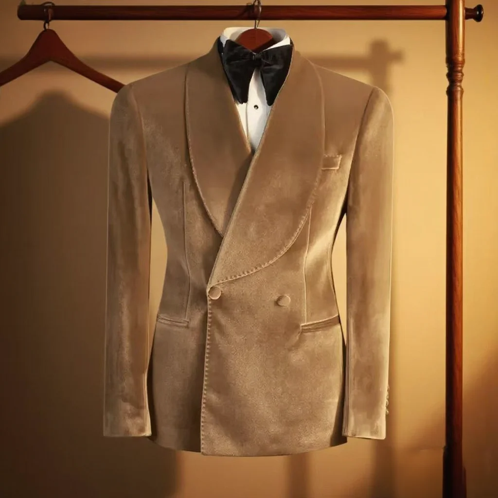Formal Velvet Men's Suits Blazer Double Breasted Jacket 1 Piece Elegant Slim Fit Male Clothing Wedding Men Business Casual Coats