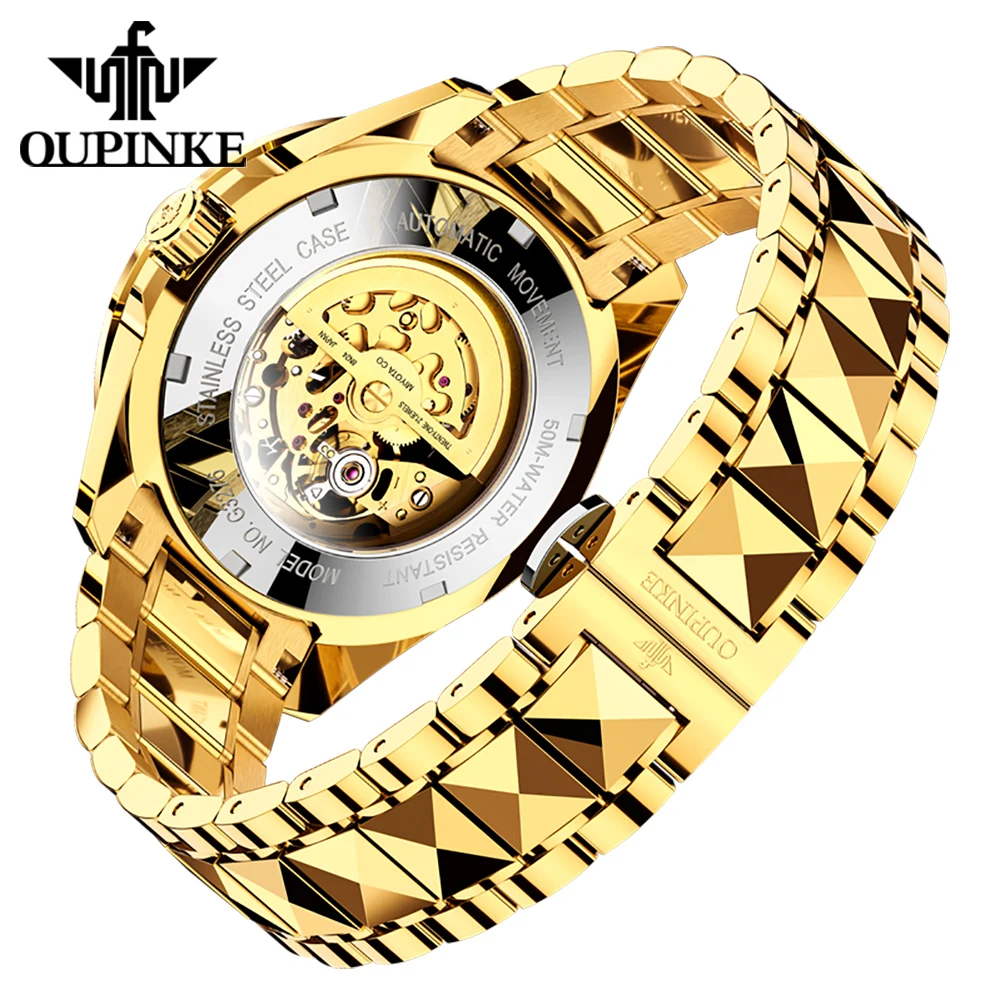 ساعات رجالية OUPINKE فاخرة من الفولاذ الناعم بنمط التنين الذهبي ساعة ميكانيكية أوتوماتيكية أصلية للرجال مقاومة للماء ومضيئة