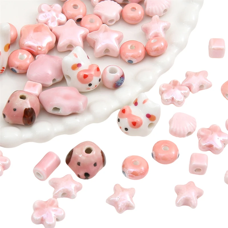 Handmade Pink Color Ceramic Beads Porcelain Heart Star Shell Flower Fish Beads for Necklace Bracelet DIY Jewelry Craft Making