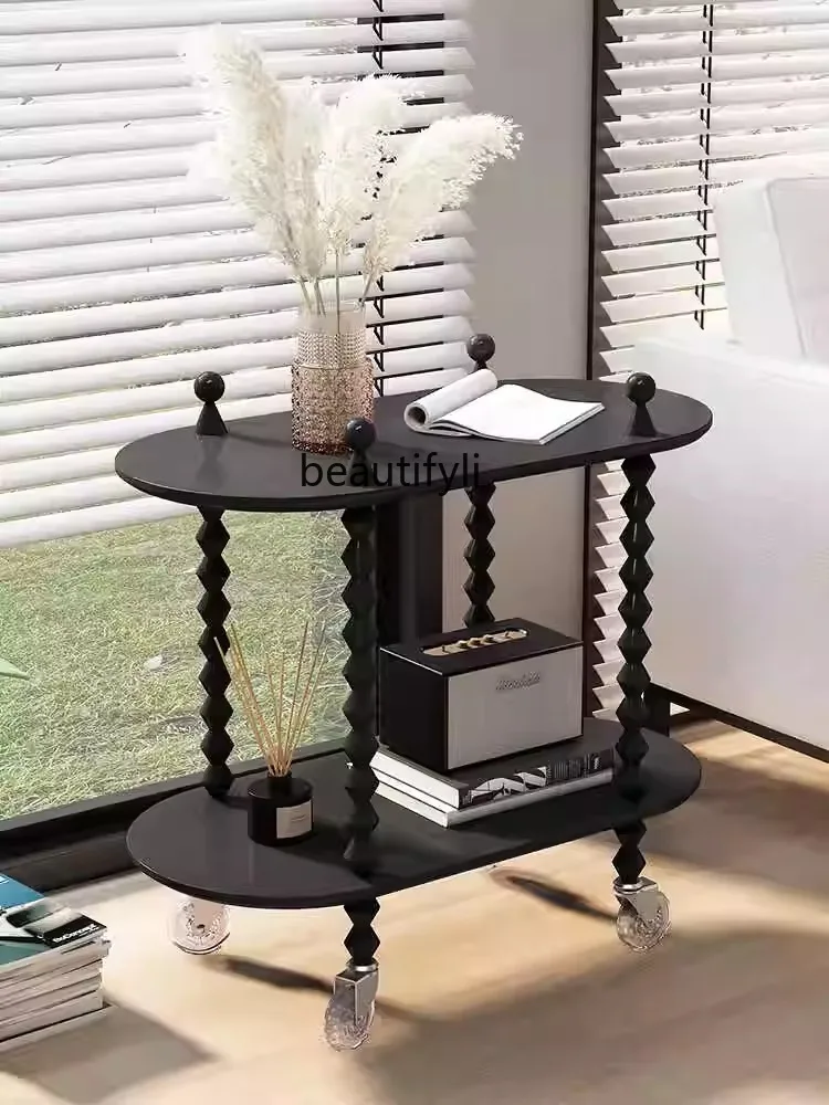 

Living Room Solid Wood Portable Small Coffee Table with Wheels Creative Sofa Trolley Table Simple Modern