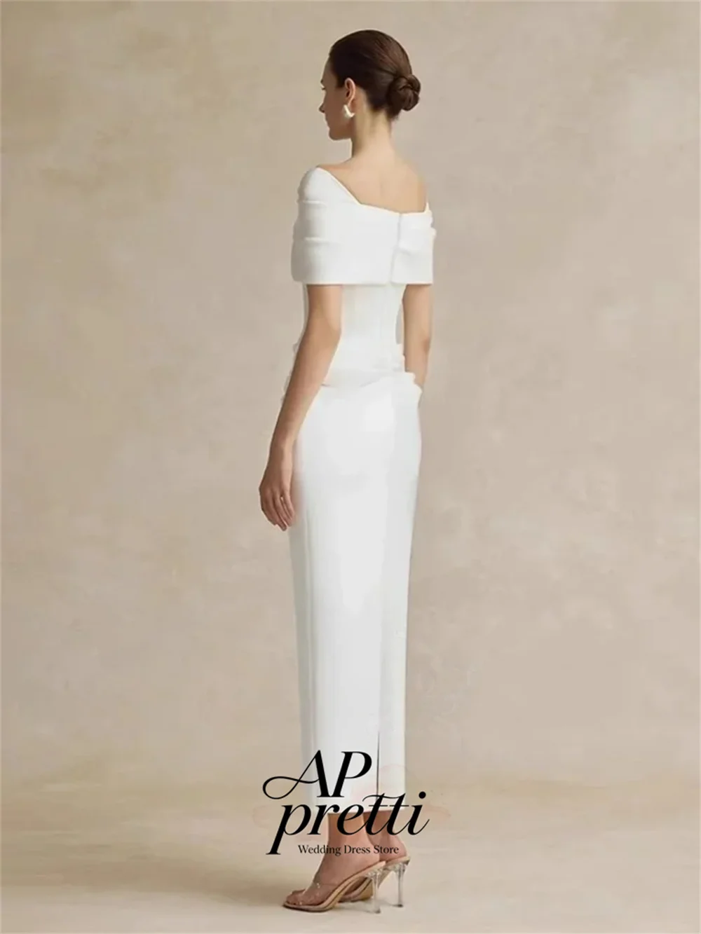 AP pretti Customized Elegant Off The Shoulder Short Sleeve Bridal Gown Satin Waist Pleat Ankle-length Wedding Dresses For Woman