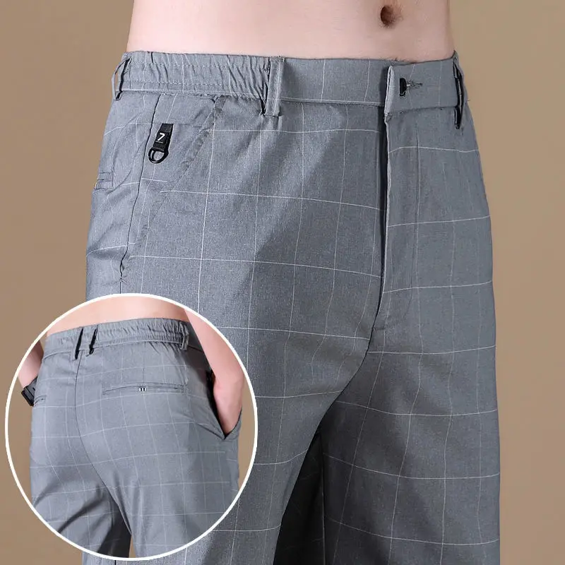 Casual Business Office Elastic Waist Plaid Pants Spring Male Clothes Slim All-match Fashion Pockets Straight Trousers for Men