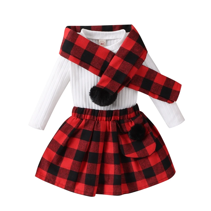 

Girls Set 0-5Y Spring Autumn New Girls Solid Color Ribbed Tops Plaid Skirts Scarf Children Fashion Clothes Set Girls Baby Sets