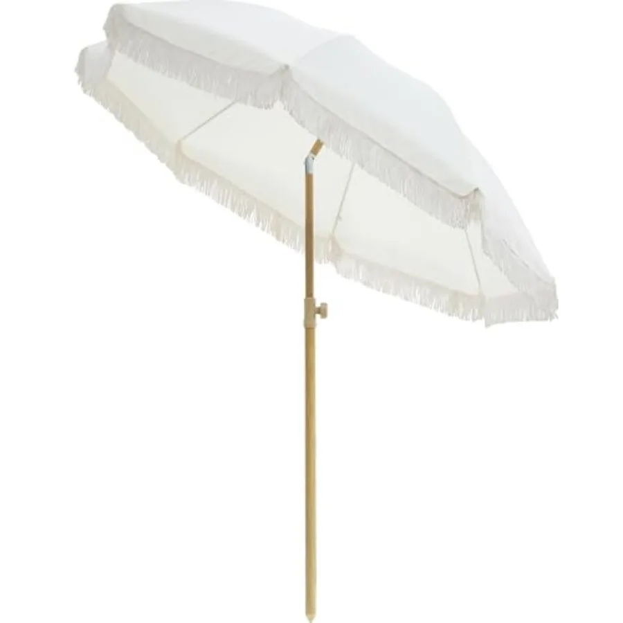 

6.5FT Boho Patio Umberlla with Fringe, UPF50+ Outdoor Umbrella with Fiberglass Ribs and Push Button Tilt, Tassels Umbrella for