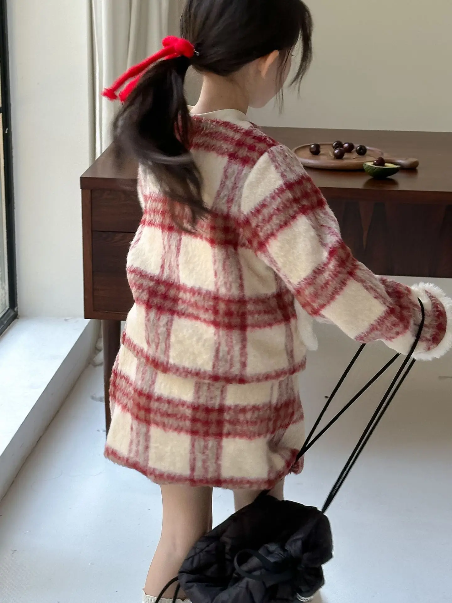 Girls Suits 2024 Winter Girls Wool Pocket Coat Skirt Female Treasure Temperament Red Check Two-piece Set Korean Simple Style image 6