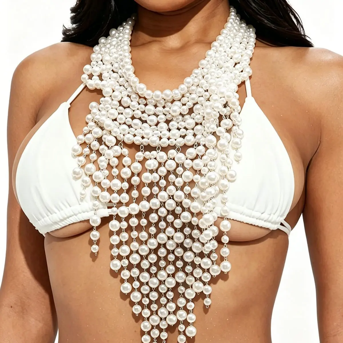 Glistening Beaded Fringe Bib Necklace Statement Cascade Net Body Chain Summer Bikini Luxury Party Crop Top Jewelry Decoration