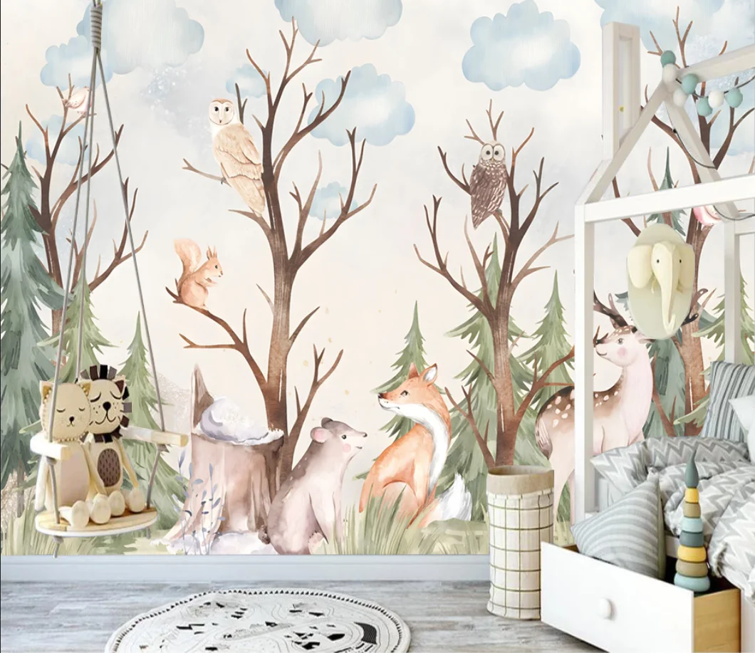 

Custom 3D Wallpaper Mural sika deer forest cartoon Animals And Plants Living Room Children's room Background Wall Decoration