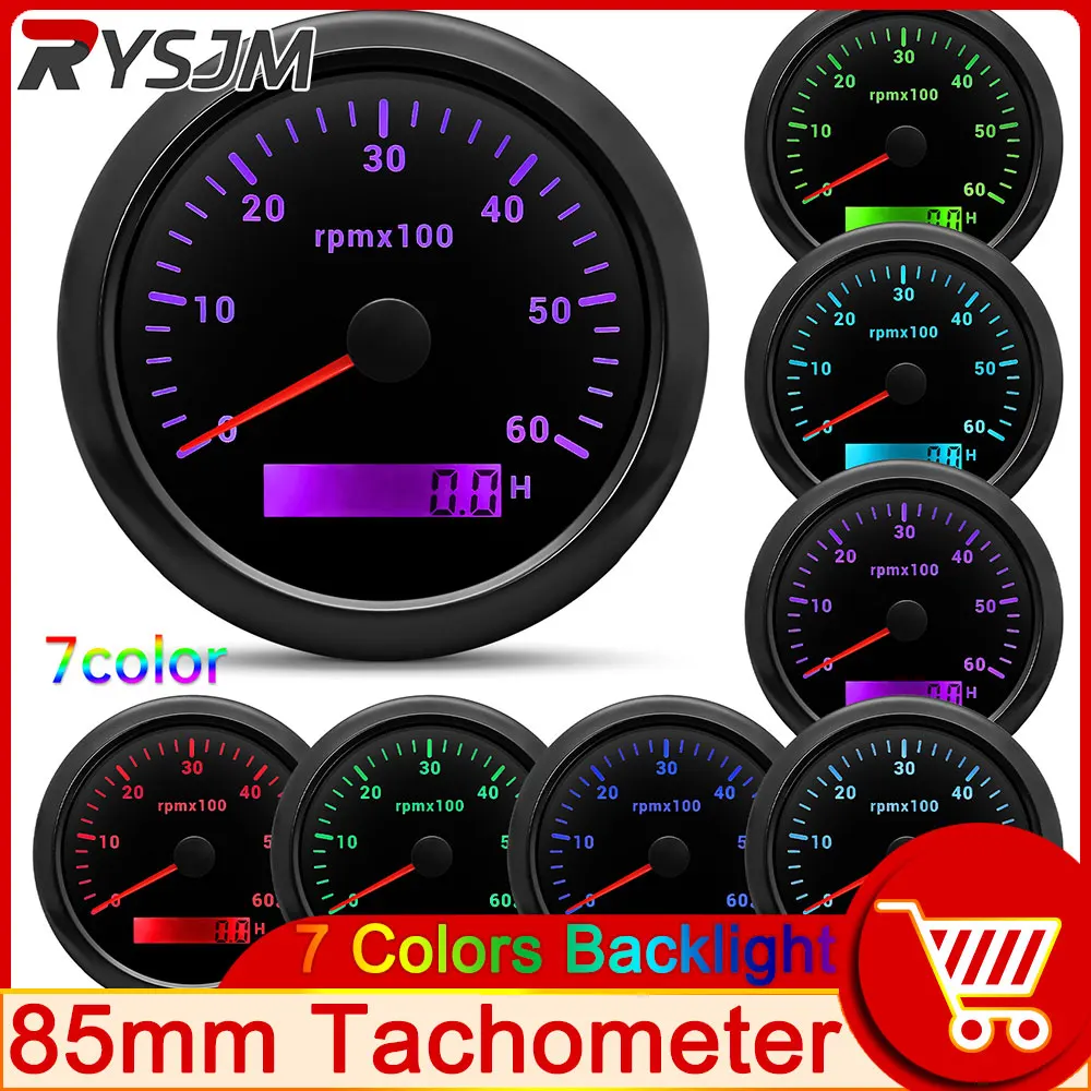 HD 6K 6000 RPM Tachometer Gauge 7 Colors Backlight 85mm Tacho Meter Marine Boat Car RPM Meter LCD Tacho Digital Hour Meter 9-32V