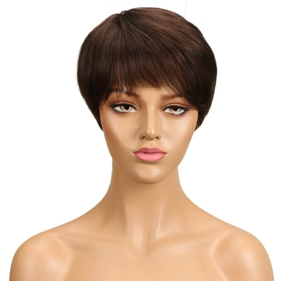 Brown #4 Colored Short Straight Bob Short Pixie Cut Human Hair Wig With Bangs For Women Glueless Brazilian Remy Hair Non Lace