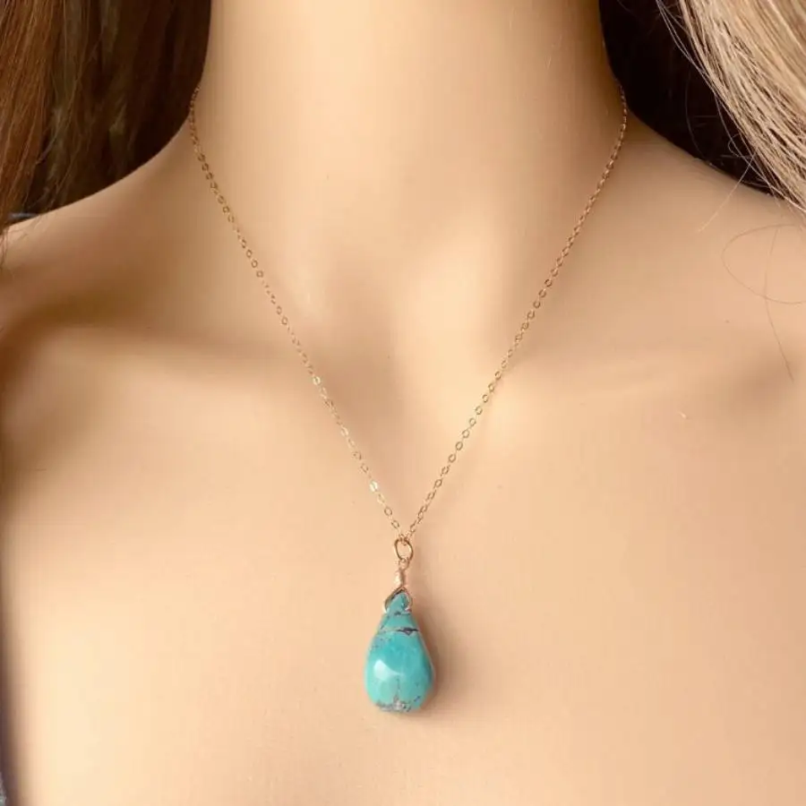 

Handmade Genuine Turquoise Pear Shape Pendant Necklace Rose Gold Tone Chain Fashion Jewelry Gift for Her