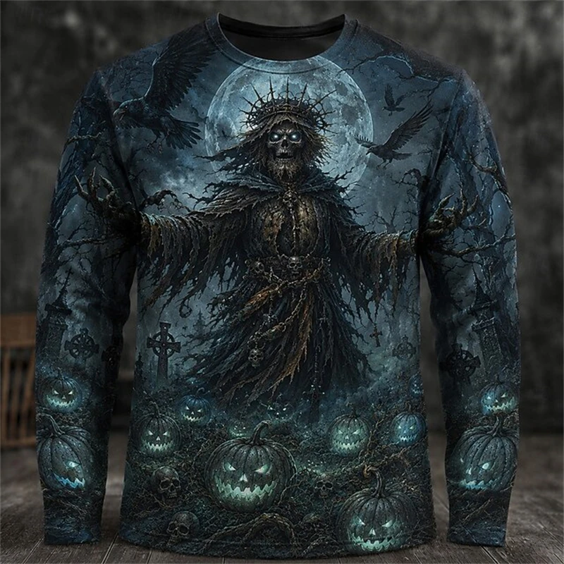 Men's New Spring Fall Round-Neck Long-Sleeve T-Shirt with Spooky Wolf Tombstone and Pumpkin Print Halloween-Themed Top