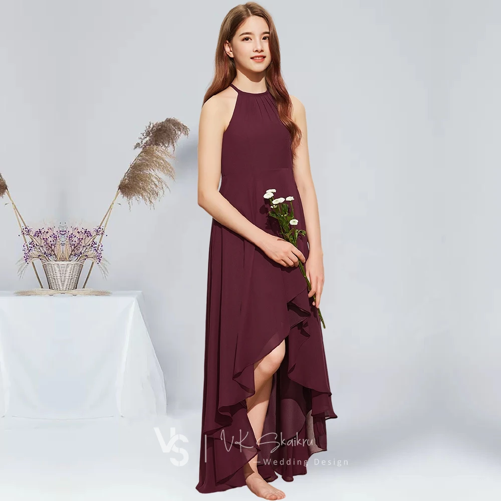 JLY A-line Halter Asymmetrical Chiffon Junior Bridesmaid Dresses Cabernet Flower Girl Dress Summer Communion Guest Party Dresses