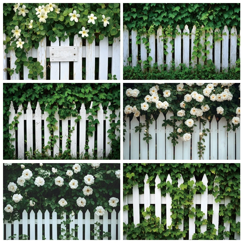 Spring Natural Scenery Photography Backdrop White Wood Fence White Flowers Green Leaves Party Decor Adults Portrait Photo Props