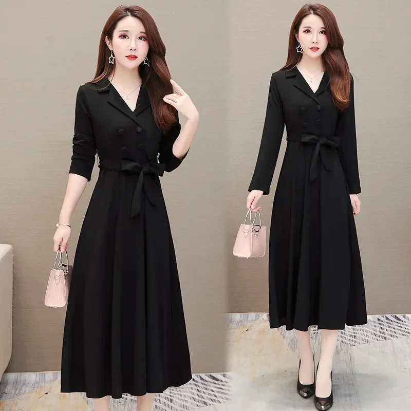 Red Retro High-end Feeling Waistband Long Sleeved Dress For Women In Autumn 2024 New Stylish and Slimming Suit Dress Women
