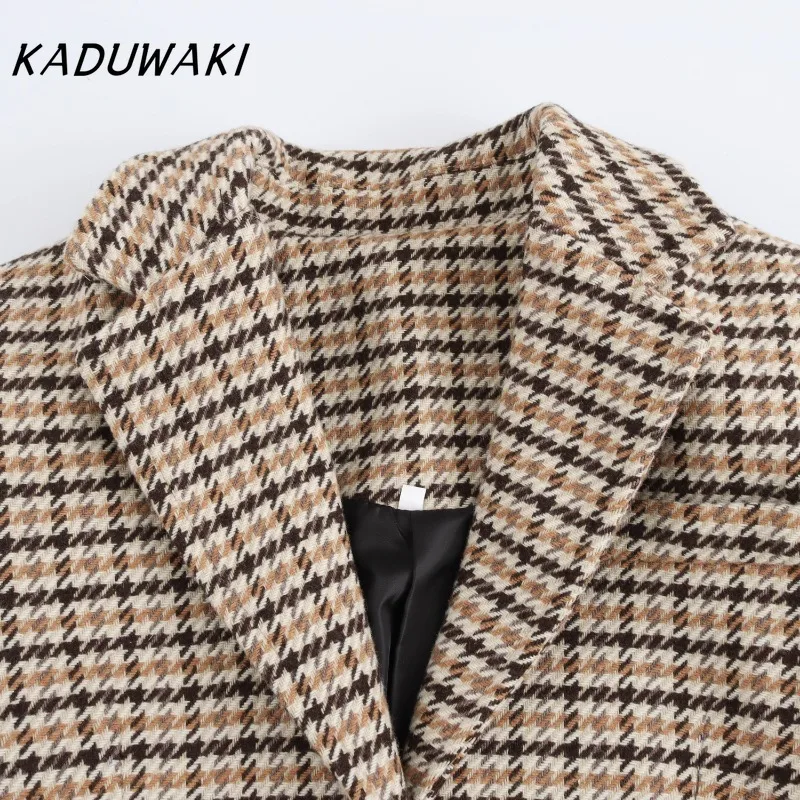 KADUWAK Fall and Winter Classic Lapel Long-sleeved Buttons Tweed Jacket Fashion Thousand Birds Check Loose Versatile Long Trench