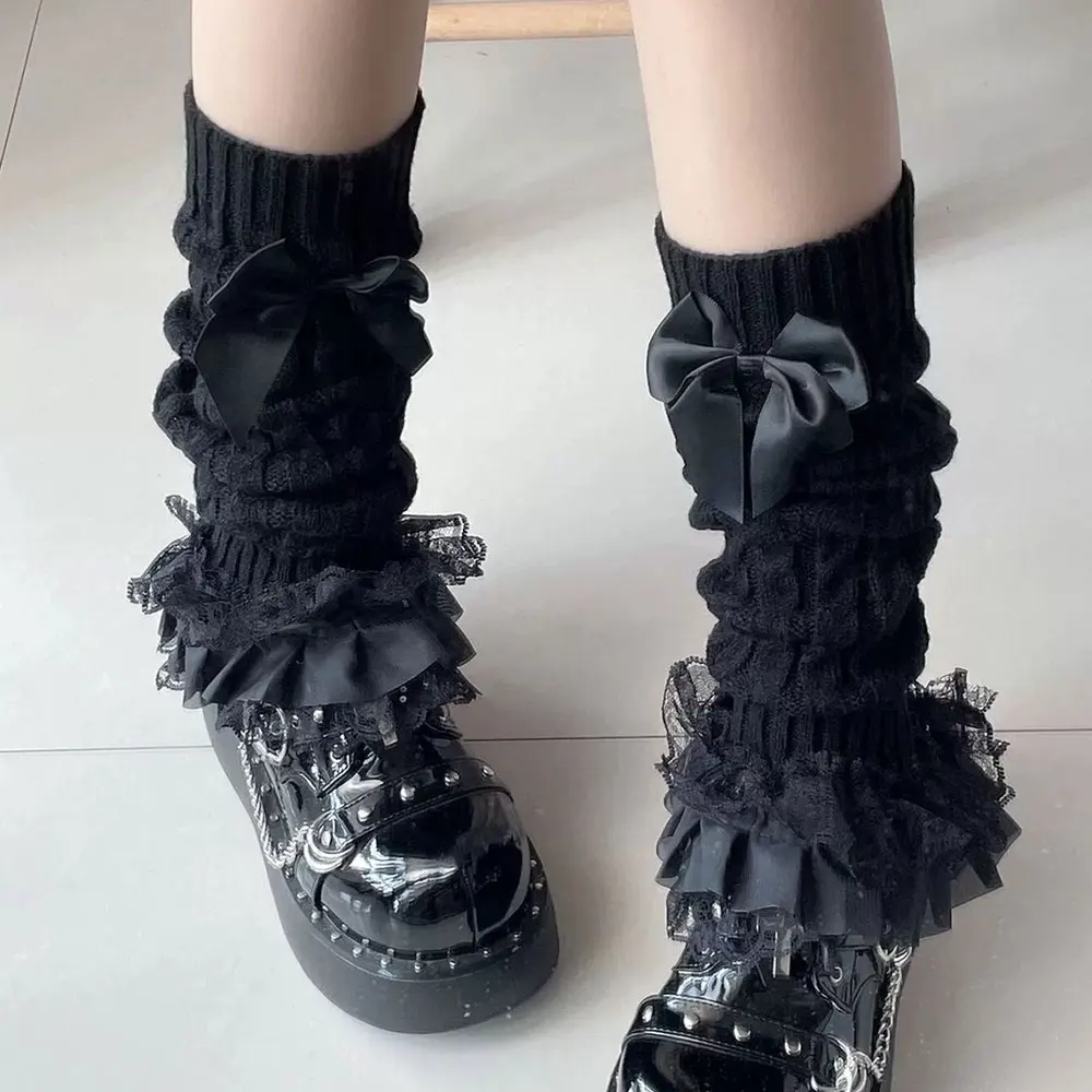 Cute Lace Flared Knitted Long Legs Warmers Y2K Leg Stockings White Harajuku Socks White Foot Cover Lolita Over Knee Leg Warmer