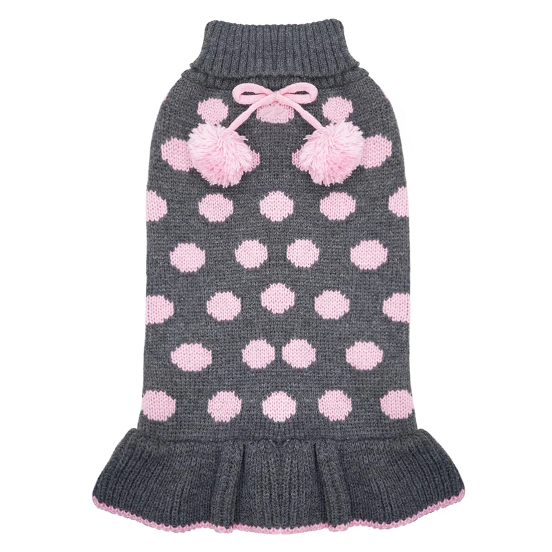 Benepaw Turtleneck Medium Small Dog Sweater Dress Autumn Winter Warm Polka Dot Puppy Sweaters Knitwear Pet Clothes Pom Pom Ball