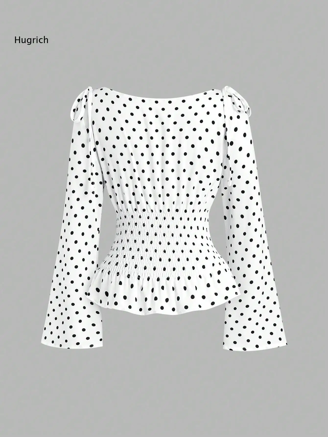 Women Polka Dot Print Long Flare Sleeve Blouse Boat Neck Shoulder Tie Smocked Waist Peplum Hem Slim Fitted Top For Daily