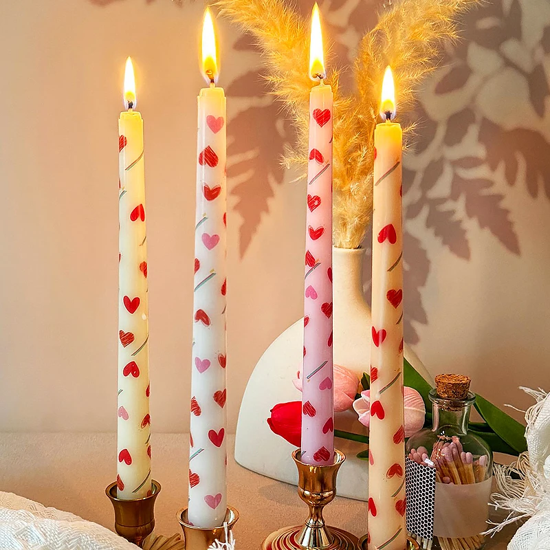 2pcs Valentine's Day Candle Colorful Heart-shaped Print Candle Romantic Wedding Party Candlelight Dinner Long Candle Home Decor