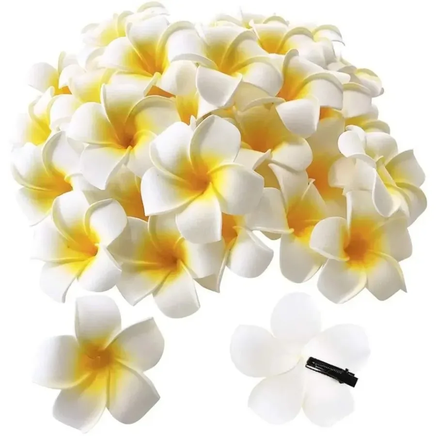 50Pcs 2.4" White Foam Hawaiian Frangipani Artificial Plumeria Flower Hat Hair Clips for Home Party Beach Vacation Decoration