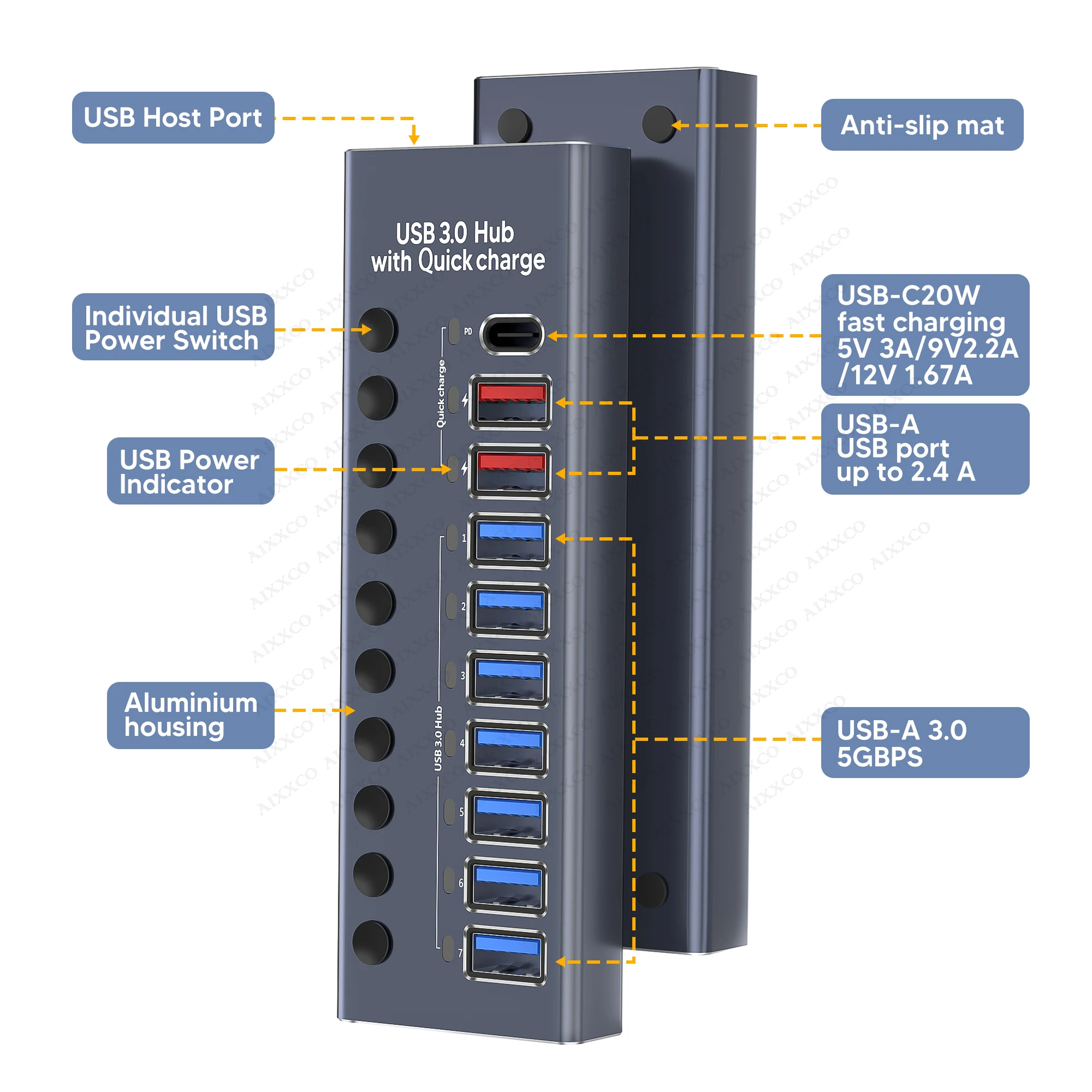 AIXXCO 10 Ports USB 3.0 Hub High Speed Multi USB Splitter with Switch Power Adapter Multiple Expander with PD charger