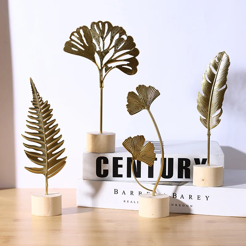 

Luxury-lite iron art leaf ornaments with wooden bases, craft items, decorative accessories, for home, entrance decoration.