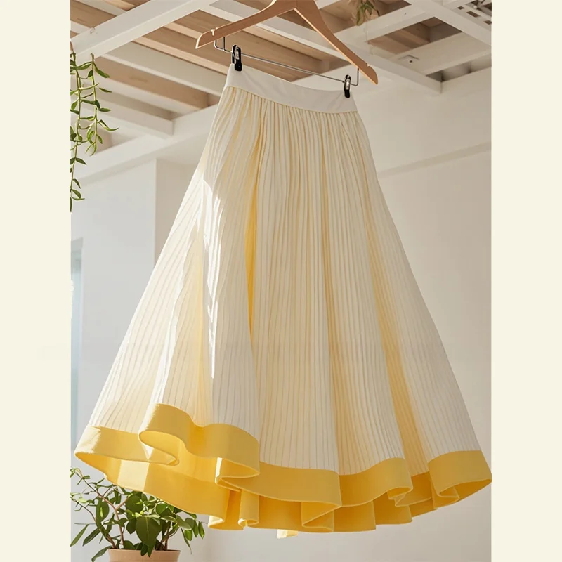 

Юбка-миди трапециевидной формы с высокой талией, женская юбка в желтую полоску, весна-лето, юбки для похудения, эффект похудения