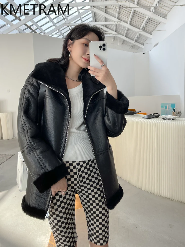 100% lana merino pelle di pecora doppia faccia giacca di pelliccia donna motociclista nero vero cappotto di pelliccia inverno donna abbigliamento 2025 шуба ж Döncud