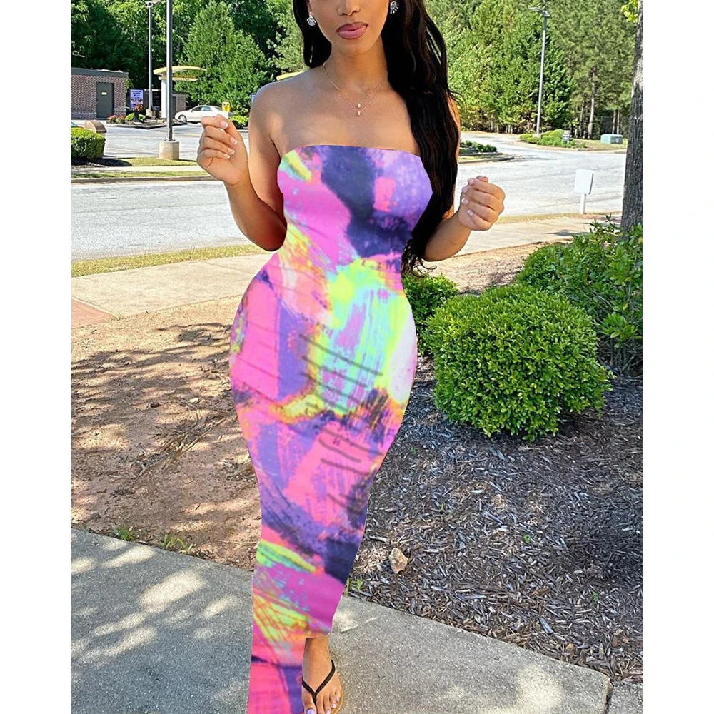 

Women Tie Dye Print Strapless Robe Longue Maxi Dress Summer Femme Nightclub Bodycon Body Sexy Dress Beach Dress Holiday Outfits