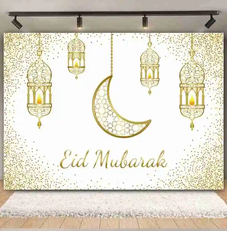 Eid Mubarak Backdrop for Photography Muslim Ramadan Mosque Lamp Moon Lantern Islamic Festivals Eid Party Photo Background Banner