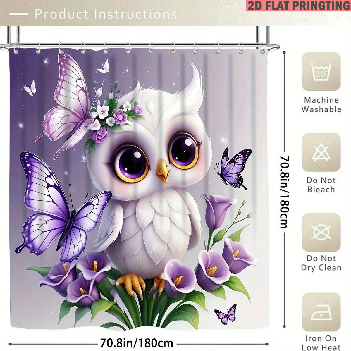 1pc/4pcs Shower Curtain and Bath Mat Set with Print Pattern Owl Butterfly Flower Purple White Non-Slip Bathroom Decor