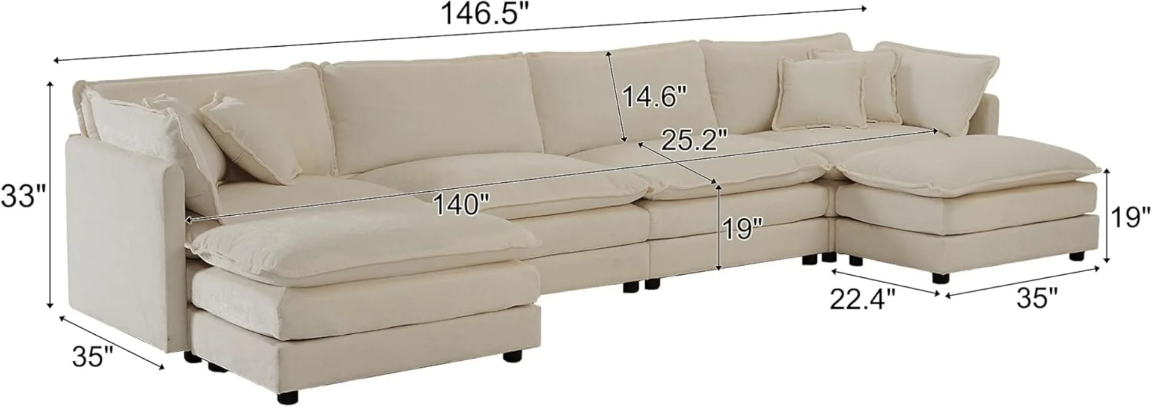 146“ Oversized Modular Sectional Sofa Cloud Couch for Living Room, Modern Chenille Large U Shaped Couch, Comfy Deep Seat