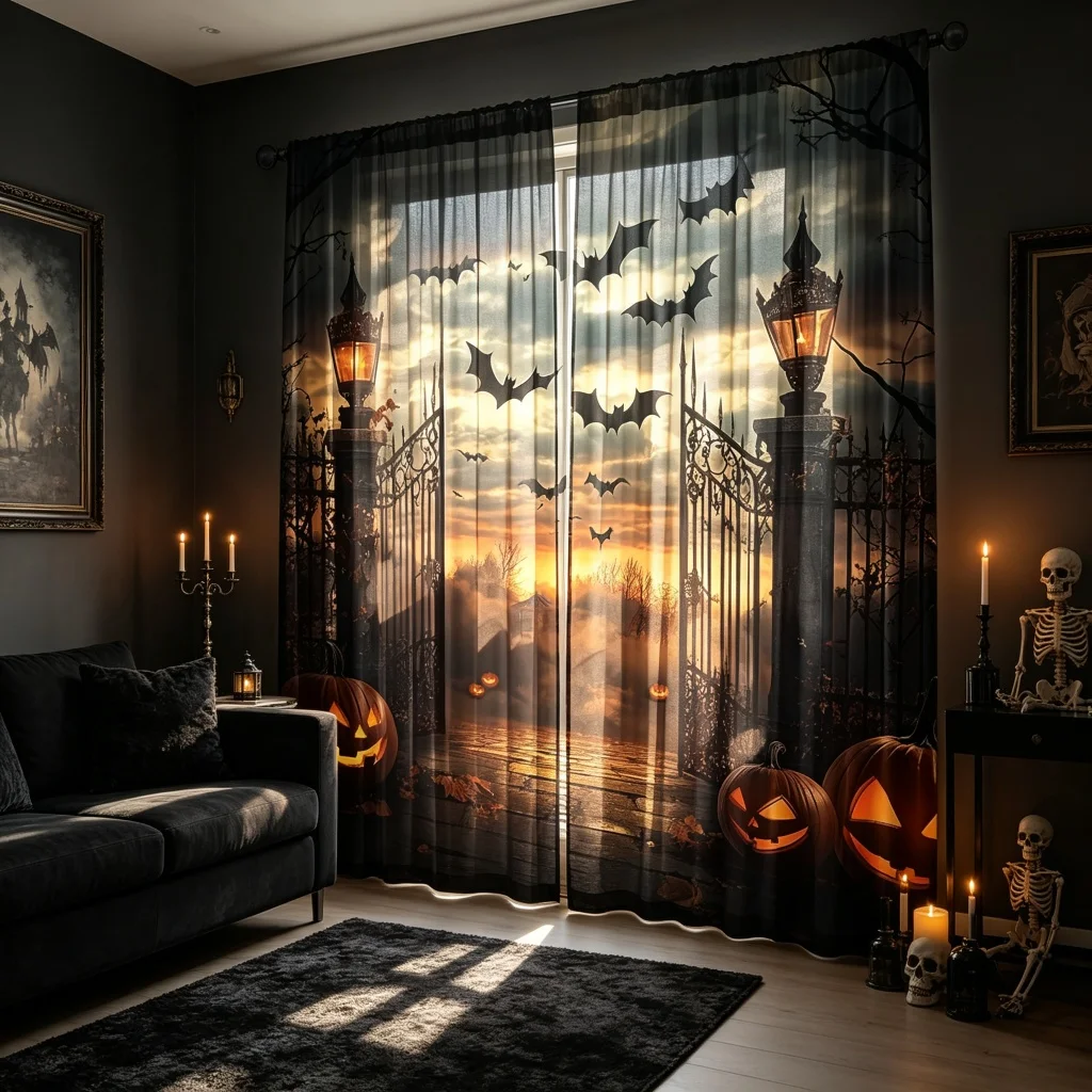 2PCS Ghost Graveyard Scene Print Curtains, Halloween Spooky Cemetery Bat Pumpkin Pattern Window Drapes for Holiday Home Decor