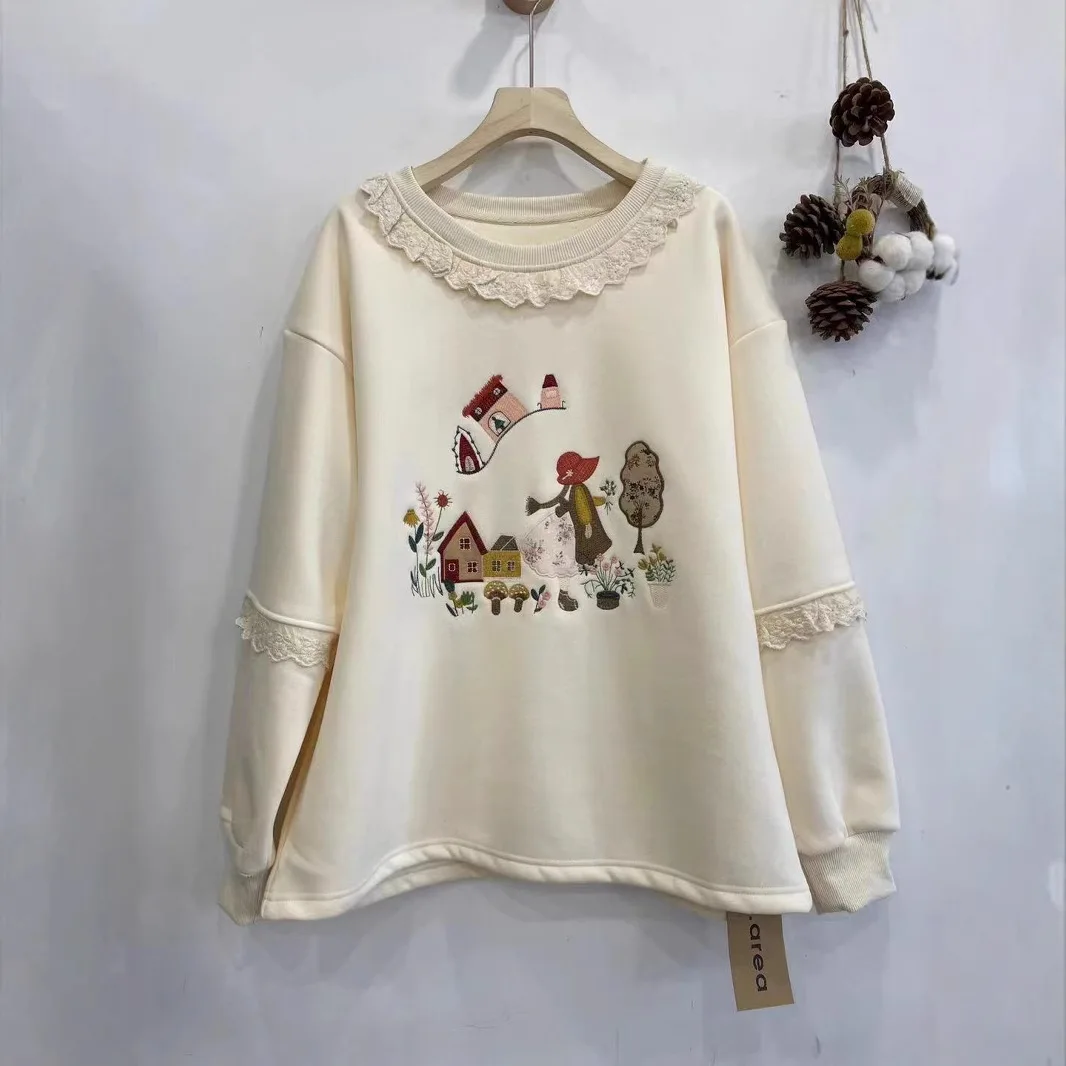 Japan Style Sweet Mori Girl Cute Cartoon Embroidery Fleece Sweatshirt Pullovers Women O-neck Long Sleeve Casual Loose Hoodie