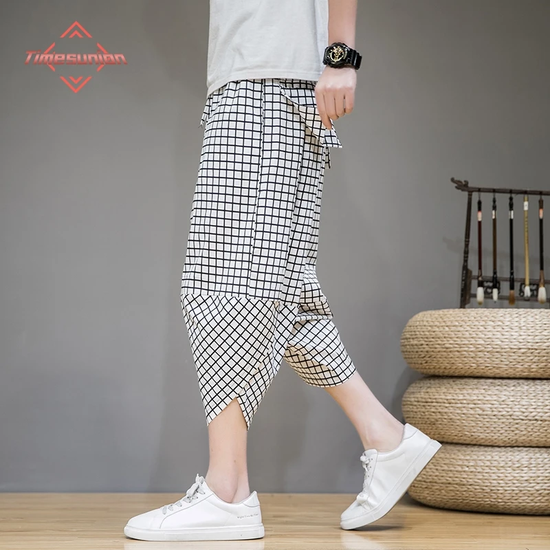 Chinese Style Summer Cotton Linen Pants Plaid Capri Pants Men's Ankle Pants Loose Harlan Pants Radish Pants Oversize pants