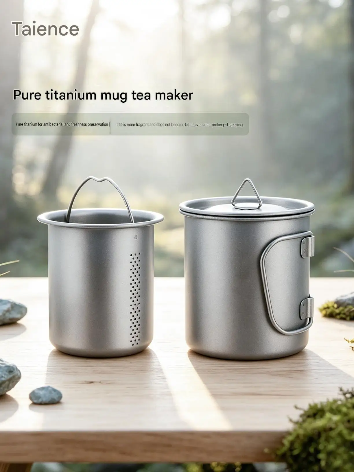 Pure Titanium Camping Mug 450ml With Tea Infuser Foldable Handle Open Fire Safe Portable Outdoor Hiking Tea Separation Brew Cup