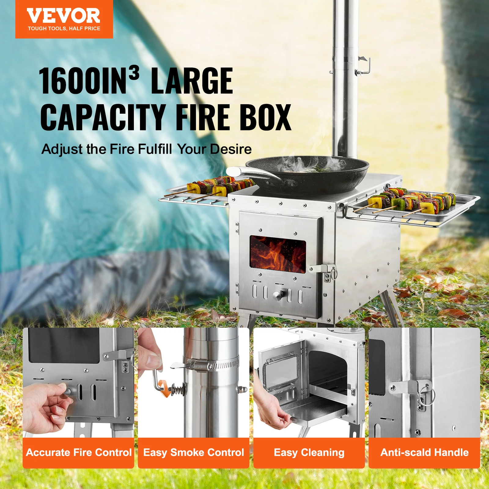 VEVOR Wood Stove 86 inch Stainless Steel Camping Tent Stove Portable Wood Burning Stove with Chimney Pipes & Gloves with 8 Pipes