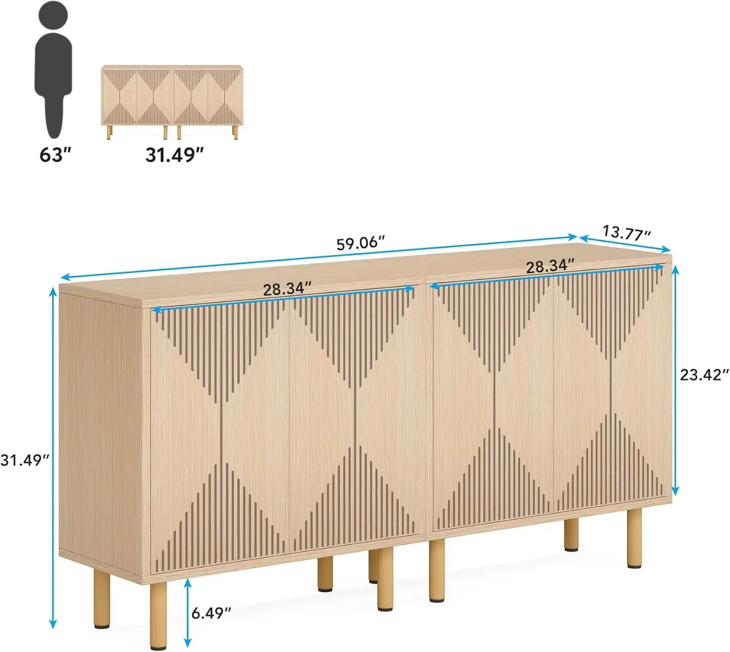 Modern Natural Storage Cabinet, Freestanding Floor Cabinet, Classic 59 inches Sideboard, Wood Buffet Cabinet with Doors